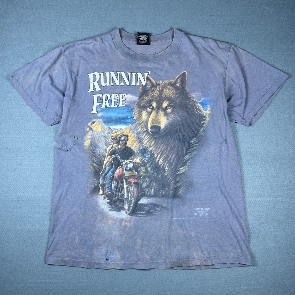 Vintage 1989 3D Emblem Harley Davidson Runnin Free Wolf Biker T-Shirt Mens L USA